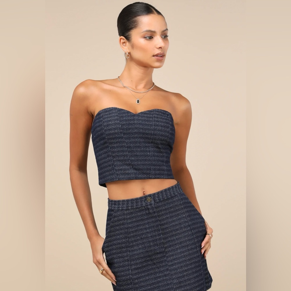 Navy Blue Tweed Strapless Crop Top & Mini Skirt